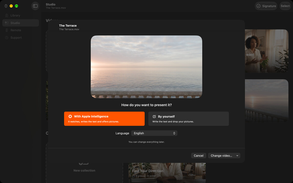 The Studio on Mac with a film dropped in, The Terrace, and the two choices: With Apple Intelligence or Yourself.