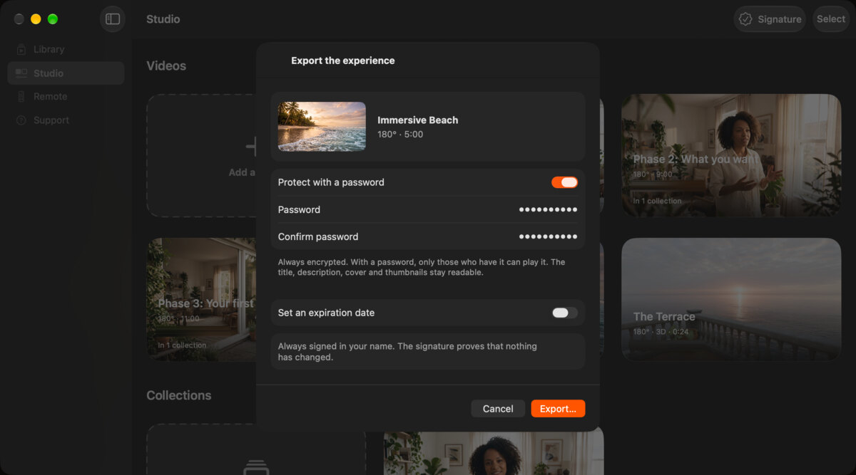 The export sheet on Mac for Immersive Beach, with a password and an expiration date to set.