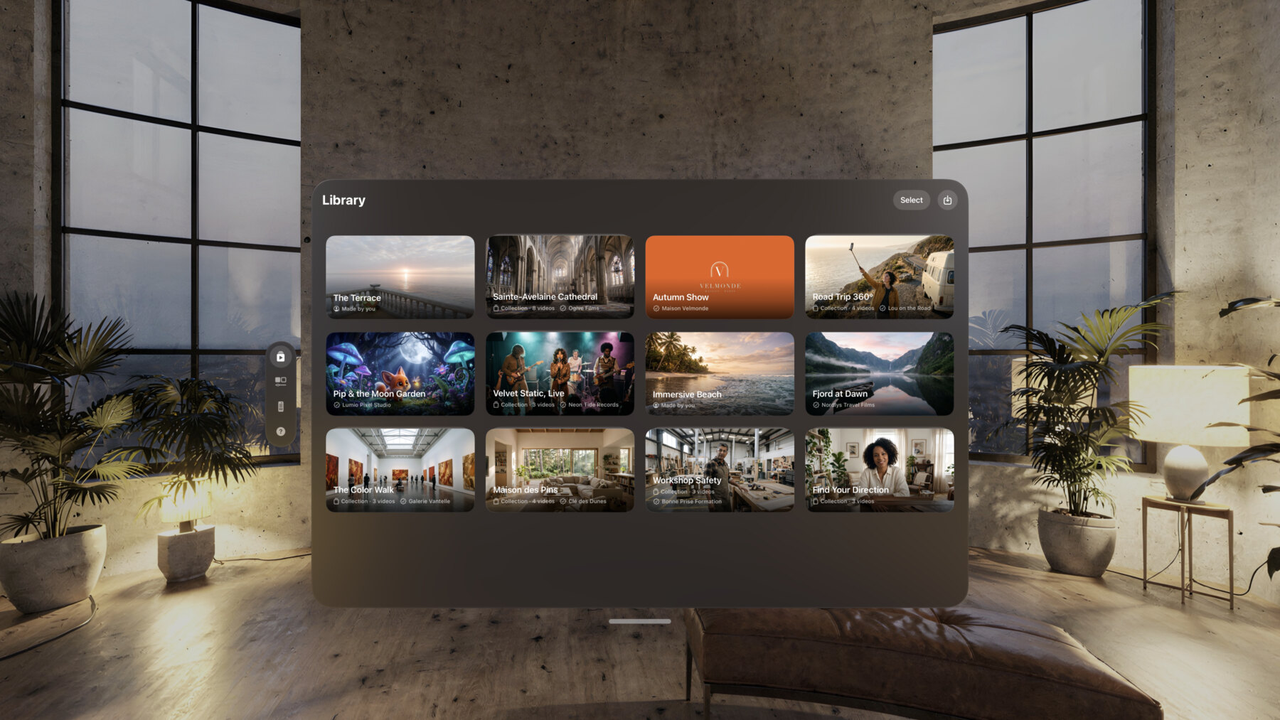 The Library on Apple Vision Pro, with the example experiences as cards.